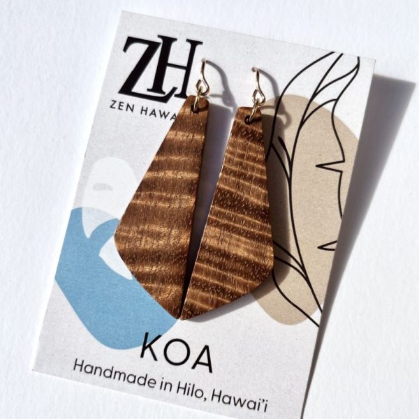 Curly koa Slope earrings on Zen Hawaii earring card
